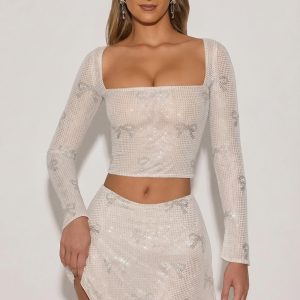 Embellished Bow-Detail Top in Ivory