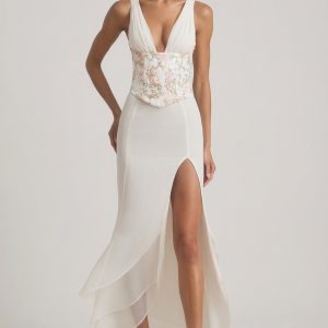 Embellished Plunge Ruffled Corset Maxi Dress in Ivory