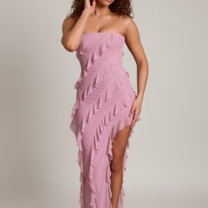 Bandeau Ruffle Detail Maxi Dress in Dusty Pink
