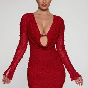 Long Sleeve Deep Plunge Mini Dress in Red