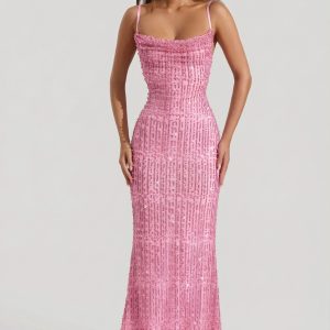 Embellished Cowl-Neck Backless Maxi Dress in Pink