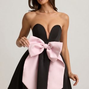 Bow-Detail Corset Mini Dress in Black