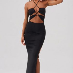 Cut Out Halter Neck Floor Length Maxi Dress in Black