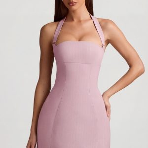 Pinstripe Halterneck Structured A-Line Mini Dress in Mauve