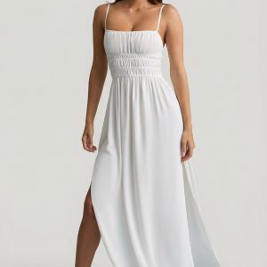 Shirred Camisole Maxi Dress in White