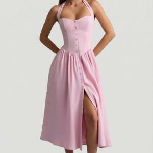 Button-Detail Halterneck Midaxi Dress in Soft Pink