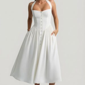 Button-Detail Halterneck Midaxi Dress in White