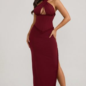 Halterneck Lace-Up Corset Maxi Dress in Berry Red