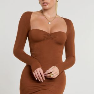 Long Sleeve Ruched Modal Cashmere Blend Mini Dress in Chestnut Brown