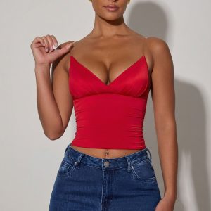 Ruched Plunge-Neck Camisole Top in Red