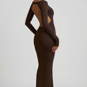 Modal Ruched Backless Maxi Dress in Chocolate Brown