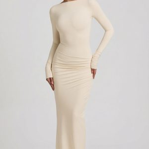 Modal Ruched Backless Maxi Dress in Ivory