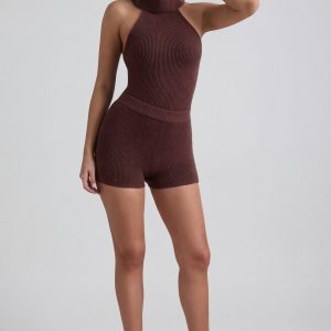 Ribbed-Knit Turtleneck Backless Top in Espresso