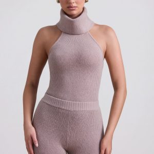 Ribbed-Knit Turtleneck Backless Top in Taupe
