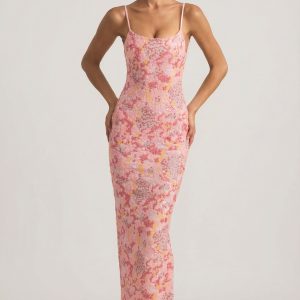 Embellished Scoop-Neck Backless Maxi Dress in Pink