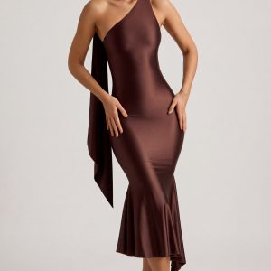 Asymmetric Scarf-Detail Midaxi Dress in Chocolate Brown