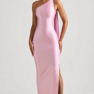 Asymmetric Scarf-Detail Maxi Dress in Soft Pink