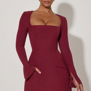 Square-Neck Structured Tulip Mini Dress in Wine Red