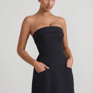 Foldover-Neck Strapless Structured A-Line Mini Dress in Black