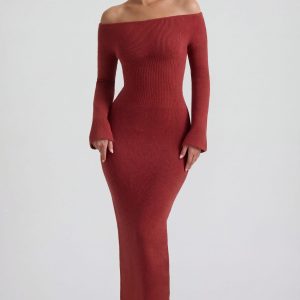 Ribbed-Knit Off-Shoulder Maxi Dress in Brick Red