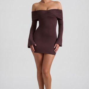 Modal-Cashmere Blend Off-Shoulder Ruched Mini Dress in Espresso