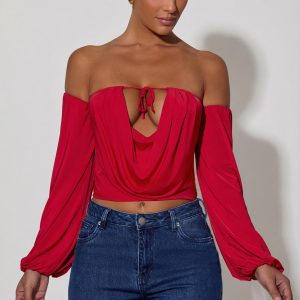 Off-Shoulder Draped Balloon-Sleeve Top in Red