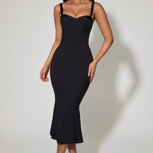 Layered Bra-Detail Fishtail Midaxi Dress in Black