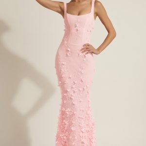 Embellished Appliqué Soft-Scoop Corset Gown in Pink