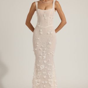 Embellished Appliqué Soft-Scoop Corset Gown in White