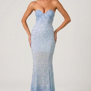 Embellished Sweetheart-Neck Fishtail Gown in Sky Blue