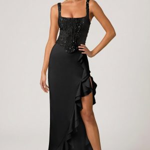 Embellished Ruffle-Trim Corset Gown in Black
