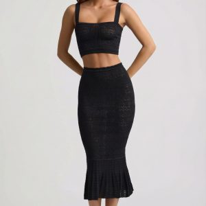 Ruffle-Trim Pointelle-Knit Midaxi Skirt in Black