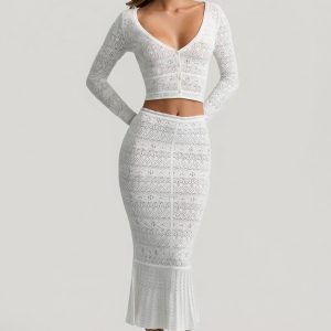 Ruffle-Trim Pointelle-Knit Midaxi Skirt in White