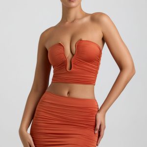 Slinky Jersey Ruched Micro Mini Skirt in Burnt Orange