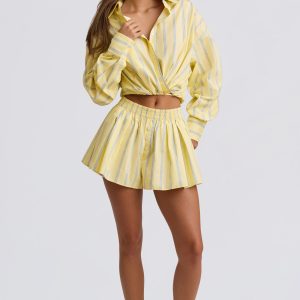 Cotton Poplin Stripe Pleated Shorts in Yellow Stripe