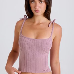 Ribbed Knit Tie Tank Top in Mauve