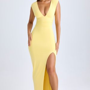 Modal Plunge-Neck Thigh-Split Maxi Dress in Lemon Sherbet