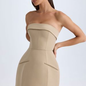 Foldover-Neck Structured Tulip Mini Dress in Camel