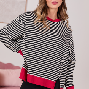 Kara Black And White Stripe Waffle Pullover