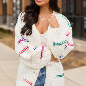 Janet Ivory And Multicolor Chunky Knit Open Cardigan