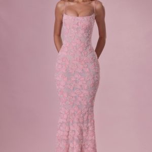 Embellished Square Neck Maxi Dress in Blush Pink