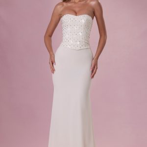 Embellished Corset Strapless Gown in Ivory